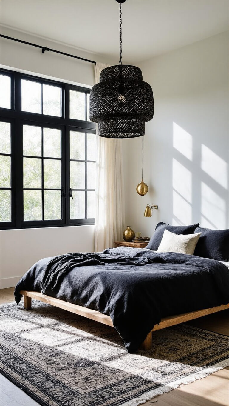 Minimalist boho bedroom with black linen platform bed, dramatic rattan pendant shadows, and monochrome vintage rugs in high contrast light.