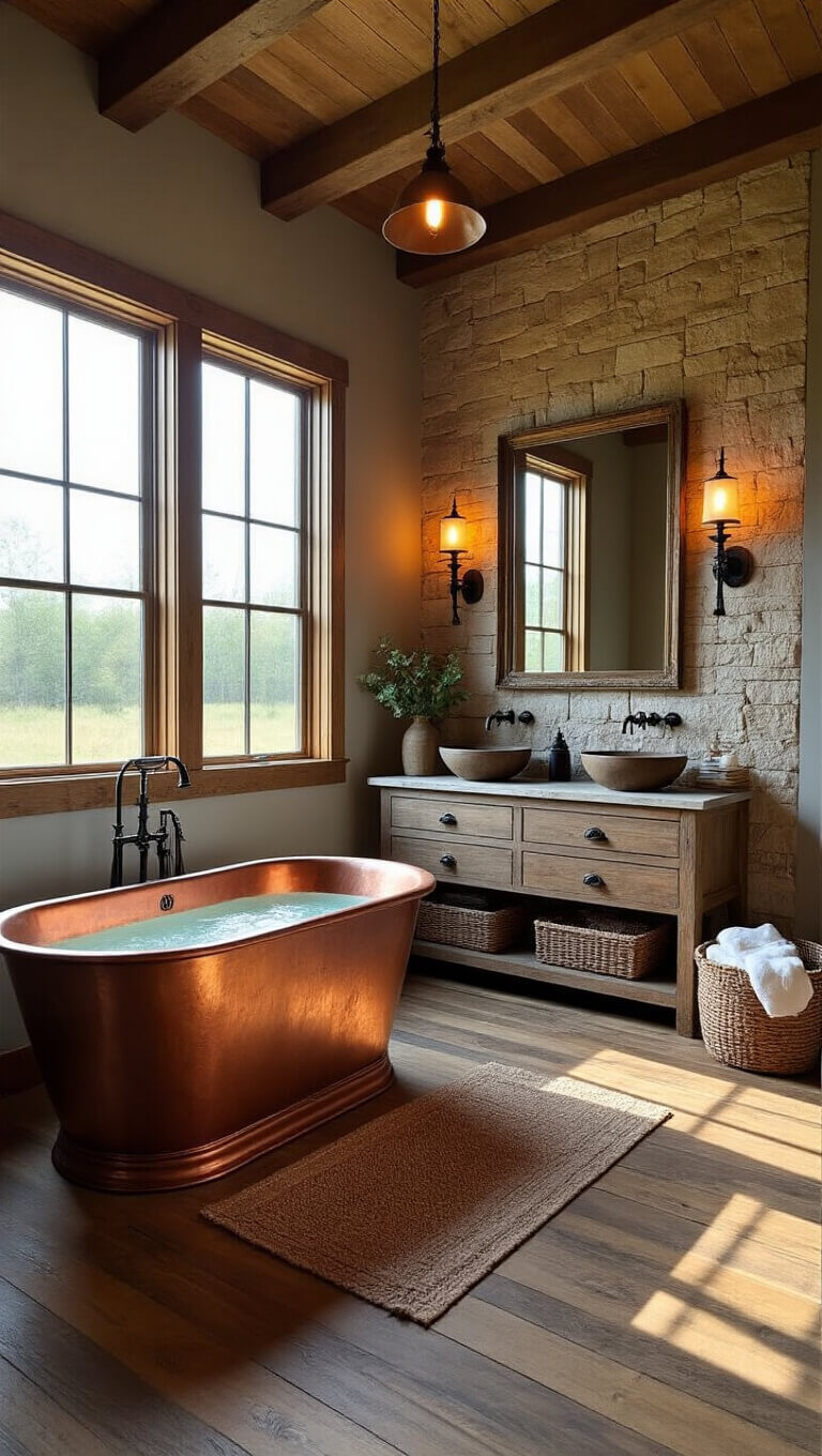 Rustic luxury barndominium bathroom with copper soaking tub, reclaimed wood vanity, stone accent wall, and golden hour lighting.