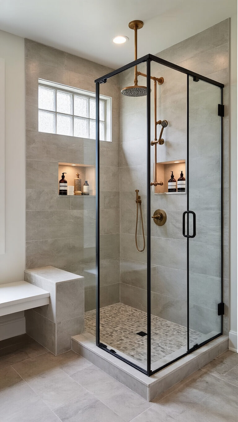 Modern farmhouse walk-in shower with marble-look tiles, black steel-framed glass, brushed gold rain showerhead, floating white oak bench, and LED-lit niches.