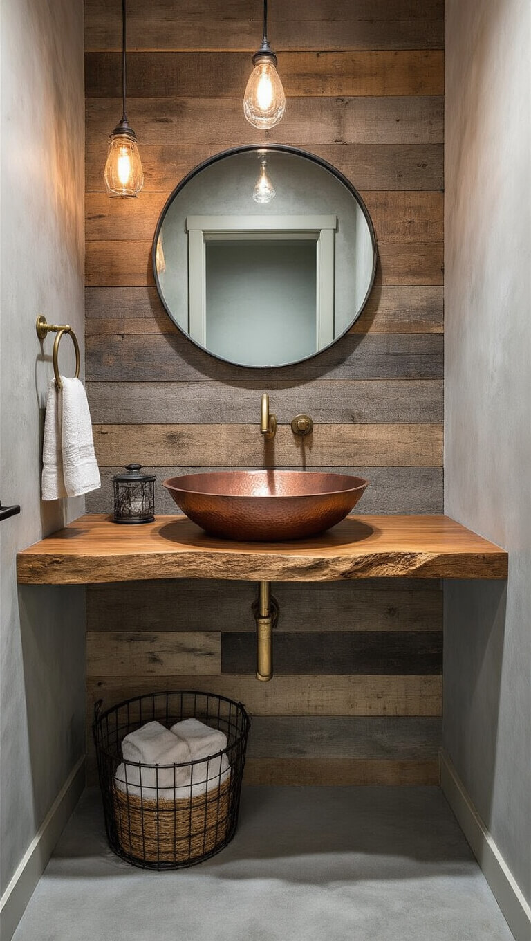 Rustic minimalist powder room with live-edge wood vanity, copper vessel sink, brass faucet, and mason jar pendant light against a reclaimed barn wood accent wall.