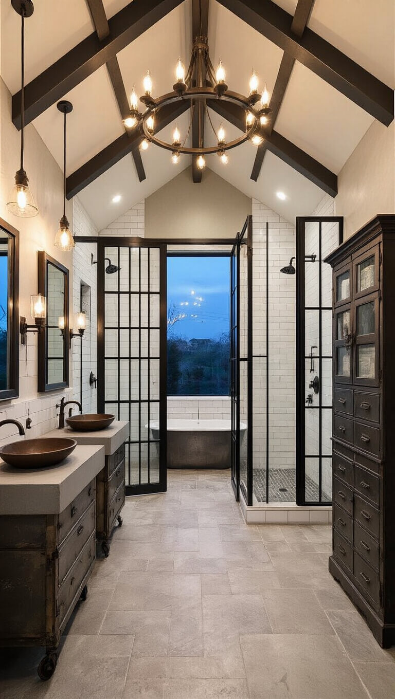 Industrial chic master bathroom with vaulted ceiling, exposed steel beams, Edison chandelier, repurposed factory cart double vanity, oversized black-framed walk-in shower, and vintage apothecary cabinet.