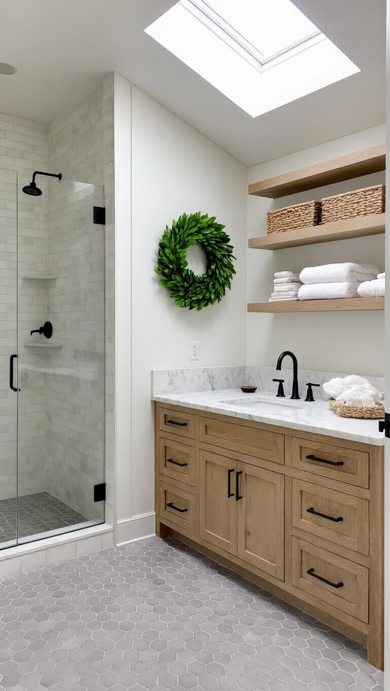 Corner view of a contemporary farmhouse spa bathroom with white oak vanity, marble sink, hexagonal pale grey tiles, curbless shower, and skylight illumination.