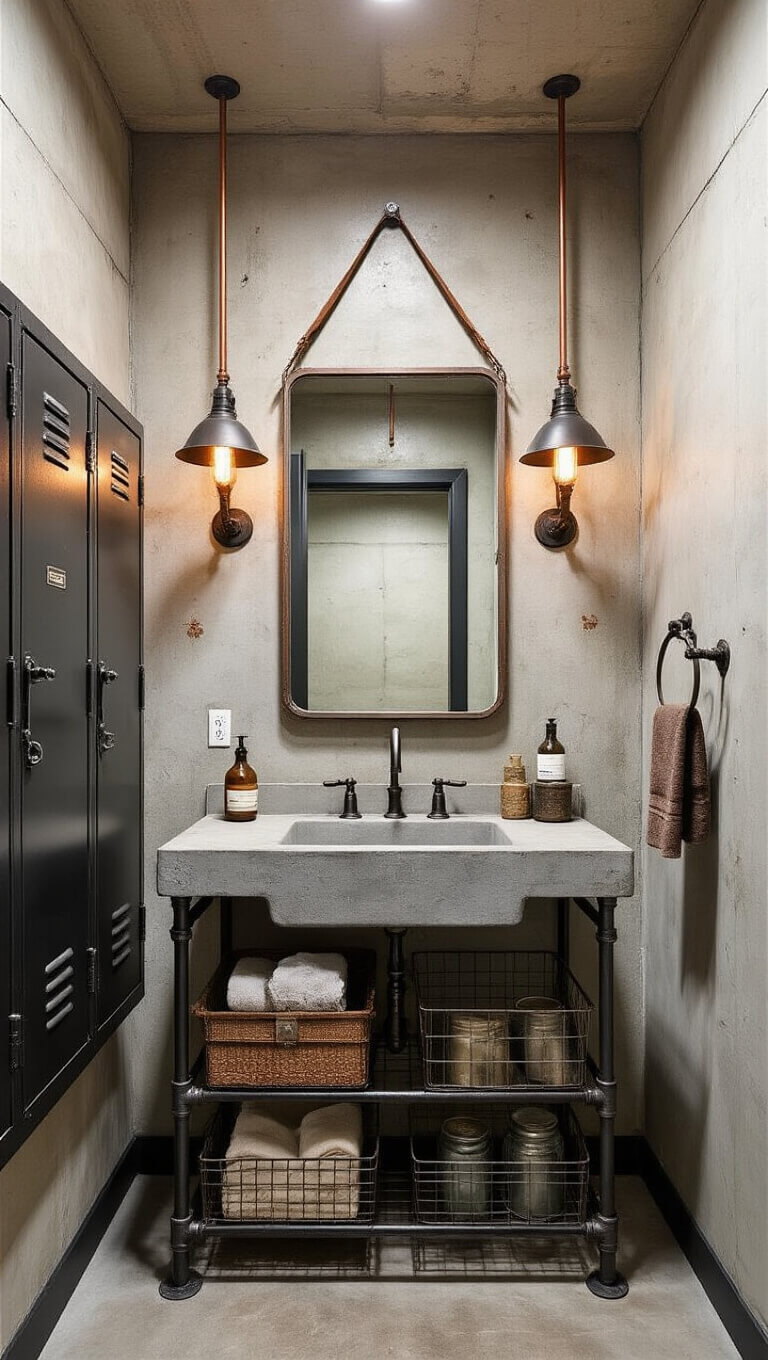 Vintage industrial ensuite with concrete sink, exposed copper pipes, metal locker linen cabinet, antique mirror on leather strap, and factory sconces lighting a small 8x10ft space.