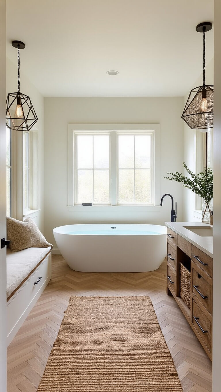 Modern rustic bathroom with white oak herringbone floors, freestanding tub, reclaimed wood vanity, and built-in window seat.