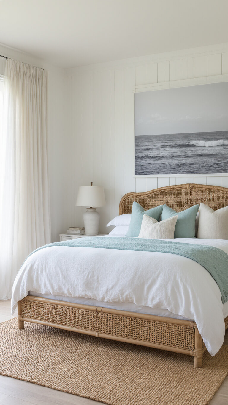 Airy 14x16ft bedroom with king bed, rattan headboard, sea-inspired pillows, white linens, jute rug, and morning light through sheer curtains.