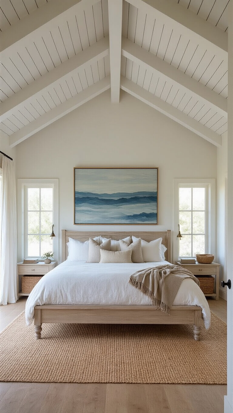Master bedroom at dusk with vaulted ceilings, white beams, California king bed in bleached wood frame, white linens and brown throw, sisal rugs, abstract seascape, woven baskets, and warm golden hour lighting.