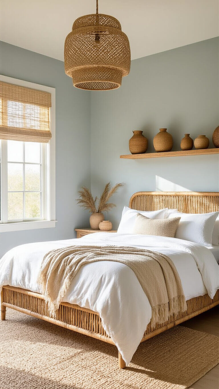 Bright guest bedroom with rattan queen bed, sandy beige bedding, jute pendant, and cotton rope décor on floating shelves.