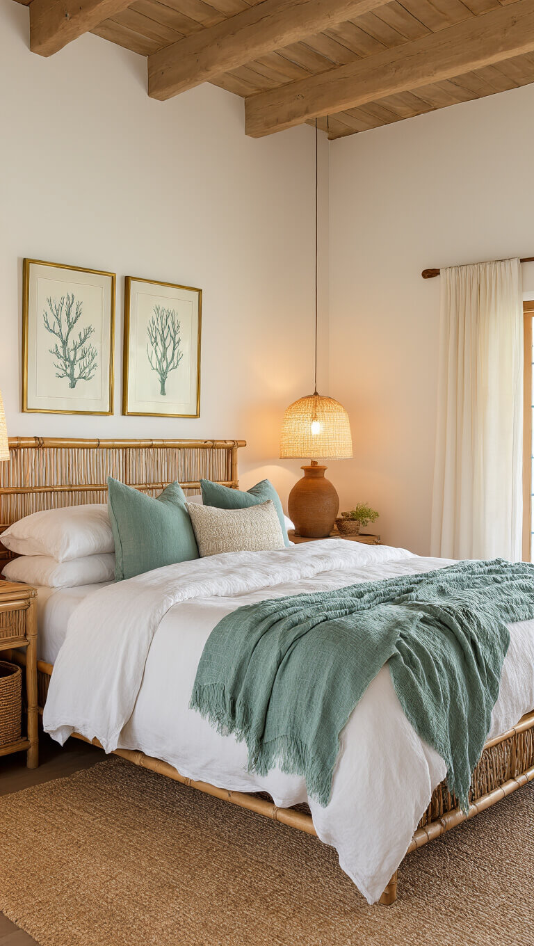Cozy 11x13ft bedroom at golden hour with a bamboo queen bed, white linen bedding, sea glass green throws, vintage coral art, ceramic lamps, seagrass baskets, and warm light through sheer curtains.