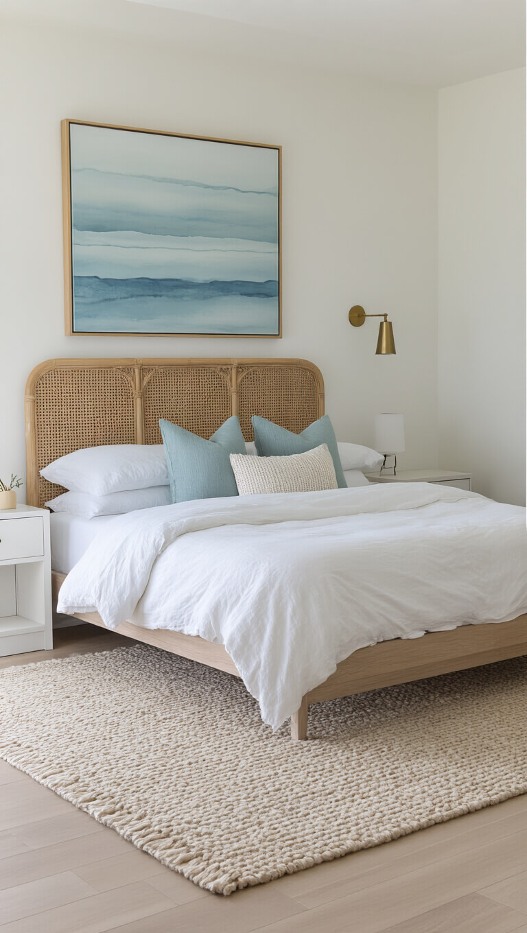 Modern coastal primary bedroom with platform bed, rattan headboard wall feature, white and pale aqua bedding, abstract blue artwork, wool rug on bleached oak floors, and brass sconces in soft afternoon light.