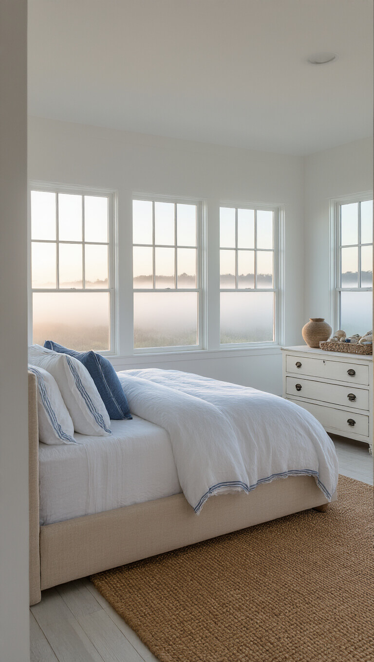 Serene coastal bedroom at dawn with misty light, low-profile bed in white linens, indigo textiles, and jute rug on painted wood floors.
