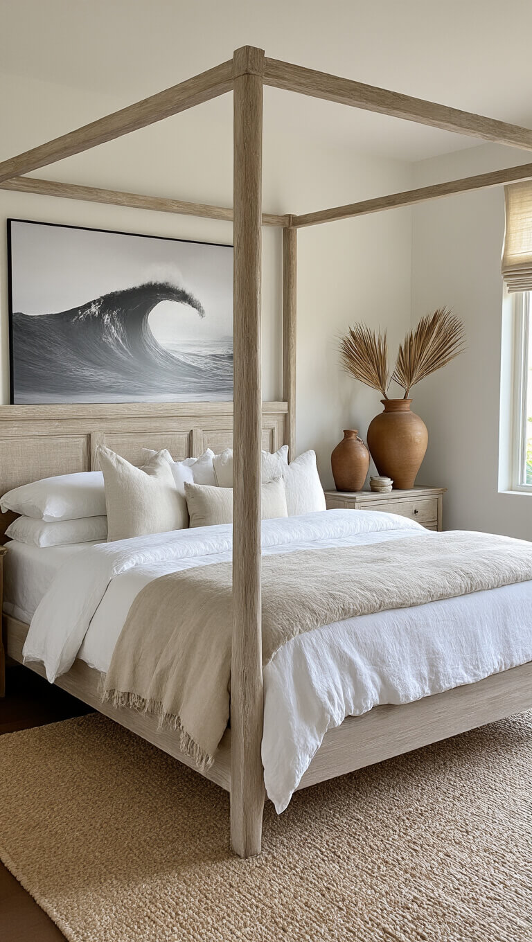 Luxurious 15x17ft bedroom with whitewashed oak four-poster bed, white linens, pale sand duvet, black and white wave art, ceramic vessels with dried palms, and golden filtered light through natural fiber shades.