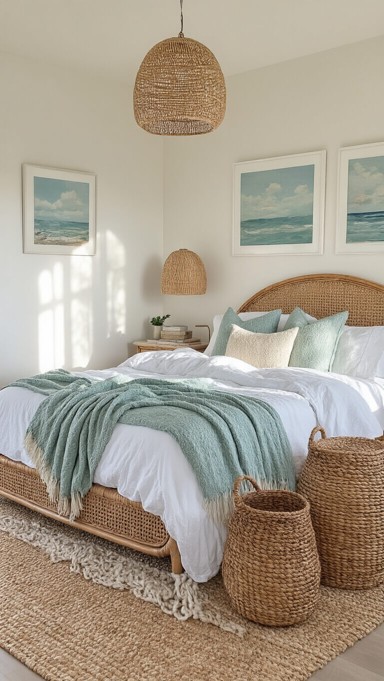 Cozy 12x14ft sunlit bedroom with rattan queen bed, white bedding, vintage coastal art, woven pendant, and basket decor.
