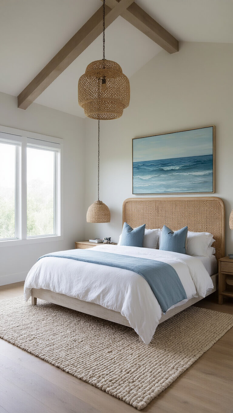 Airy 16x18ft primary bedroom with cathedral ceiling, modern platform bed, cane headboard wall, white linens, blue-gray pillows, abstract seascape art, natural fiber pendant, chunky wool rug, and light wood floors.