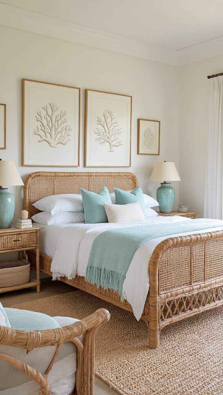 Tranquil 13x15ft guest room bathed in morning light, featuring a rattan bed with white bedding, aqua and sand throws, vintage coral artwork, ceramic lamps with natural shades, and seagrass accents.