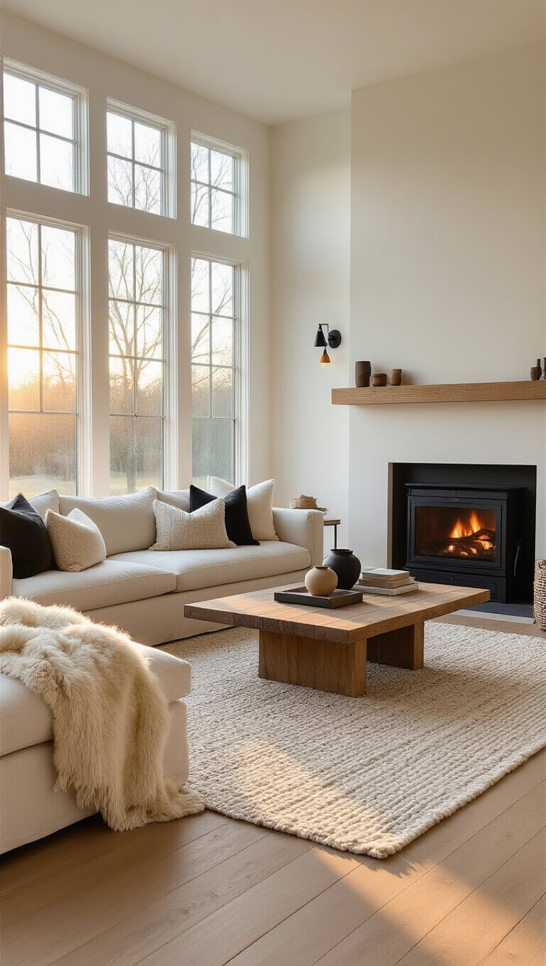 Nordic-style living room with cream sofa, wood-burning stove, and golden hour sunlight streaming through large west-facing windows onto white oak floors and layered wool rugs.