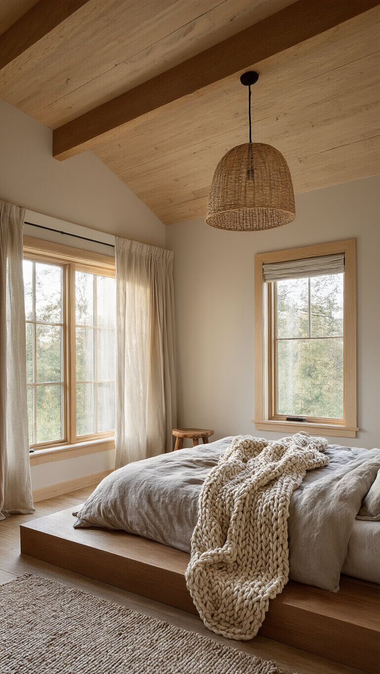 Cozy 12x14ft cabin bedroom at dawn with timber ceiling beams, soft morning light through linen curtains, low walnut bed with stone-washed linens, knit throw, and vintage wooden nightstand.