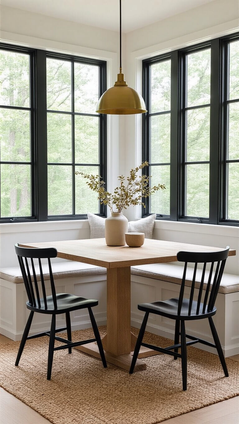 Bright 10x12ft dining nook with oak table, black Windsor chairs, brass pendant, and forest views through corner windows.