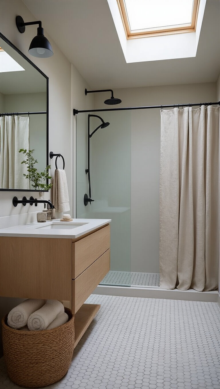 Serene 8x10ft bathroom at dusk with skylight, matte black fixtures, white penny tile floors, bleached oak floating vanity, oversized mirror, natural linen shower curtain, and woven basket of rolled towels.