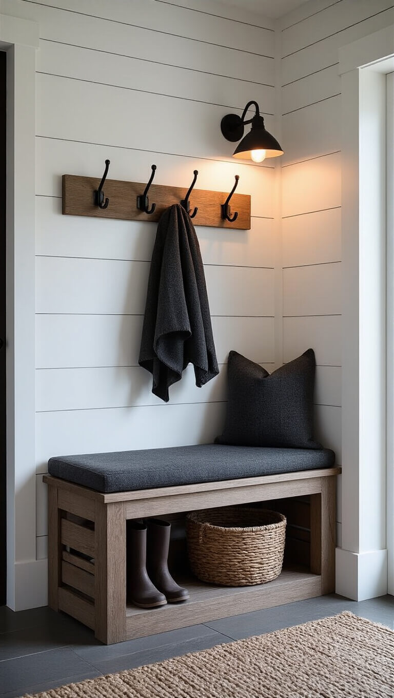 Twilight entryway with built-in weathered oak bench, charcoal wool cushion, black coat hooks on shiplap wall, vintage crate for boots, handwoven basket, and warm black sconce lighting.