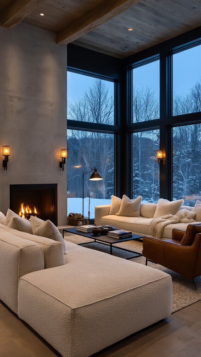 Cozy 14x16ft living room with ivory bouclé sectional, leather armchair by modern fireplace, black metal coffee table, layered lighting, and snowy landscape visible through floor-to-ceiling windows.