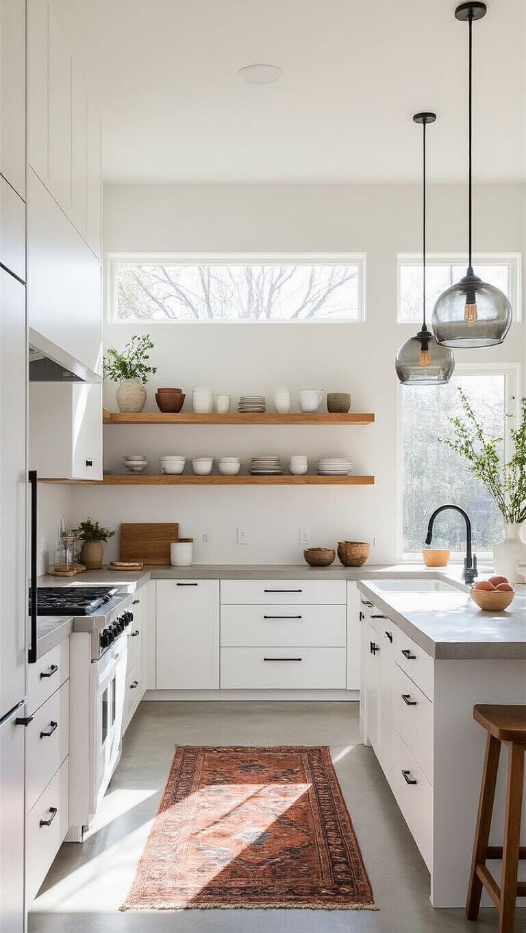 Modern white kitchen with concrete counters, wood shelving, ceramic decor, and smoked glass pendant lights in crisp morning light.