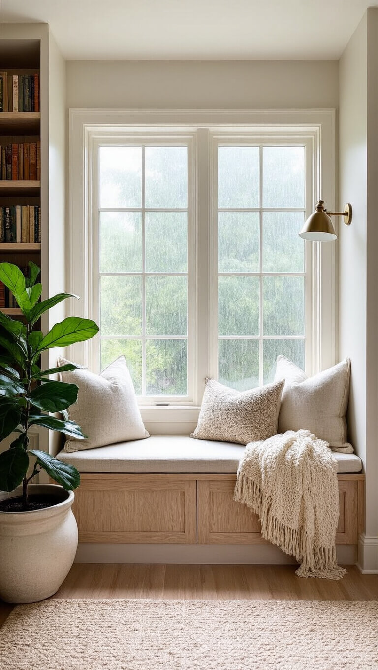 Cozy 10x12ft reading nook with window seat, linen cushions, built-in bookshelves, fiddle leaf fig in ceramic pot, cream wool throw, and brushed brass reading light on a rainy afternoon.
