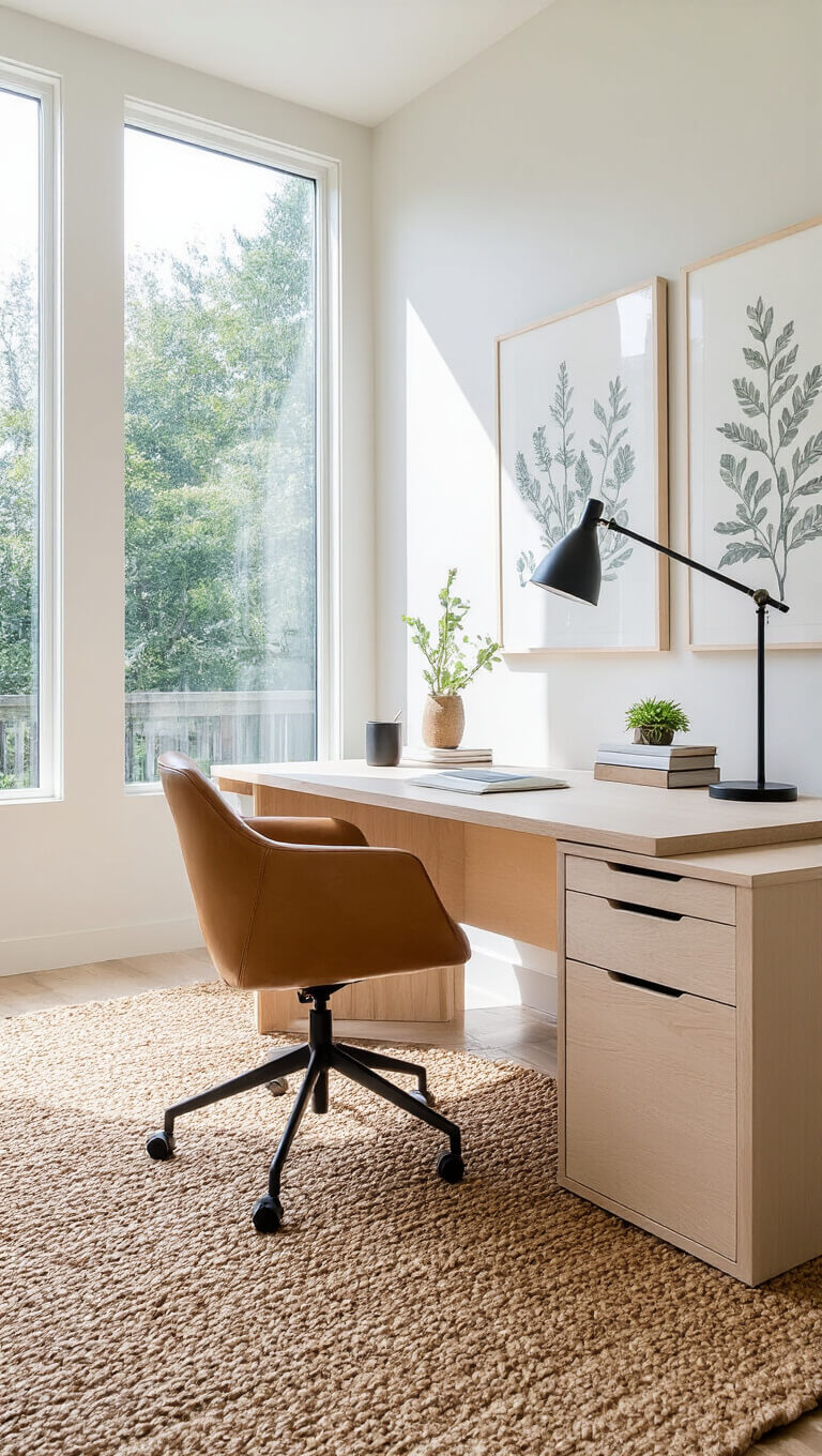Minimalist home office with floating maple desk, leather chair, jute rug, and botanical prints, bathed in morning light from floor-to-ceiling windows.