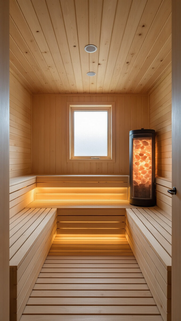 Minimalist Scandinavian-style home sauna with cedar benches, glowing Himalayan salt wall, modern heater, and soft steam in golden hour light.