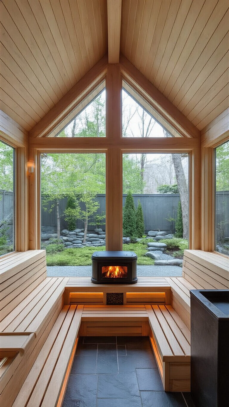 Luxurious vaulted sauna interior with hemlock benches, wood-burning stove, slate floors, and zen garden view through floor-to-ceiling window.
