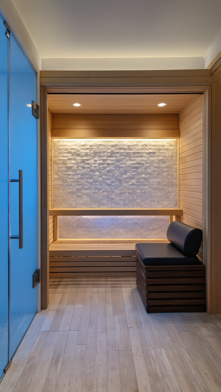 Modern 5x7 ft infrared sauna with backlit white salt wall, dark cedar bench, smoky glass door, and cool blue accent lighting.