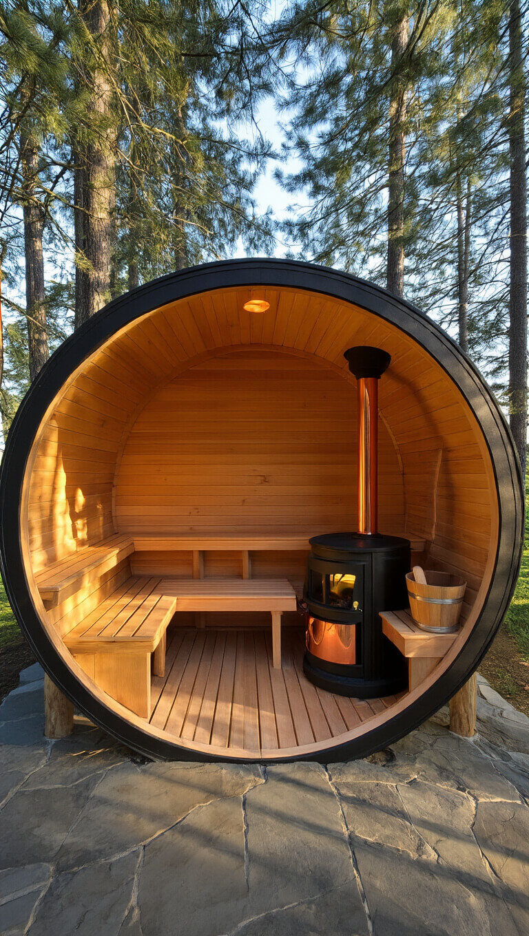 Traditional 8 ft barrel sauna with red cedar exterior, black bands, arched beam ceiling, stone floor, wood-burning stove, and long pine shadows in late afternoon light.