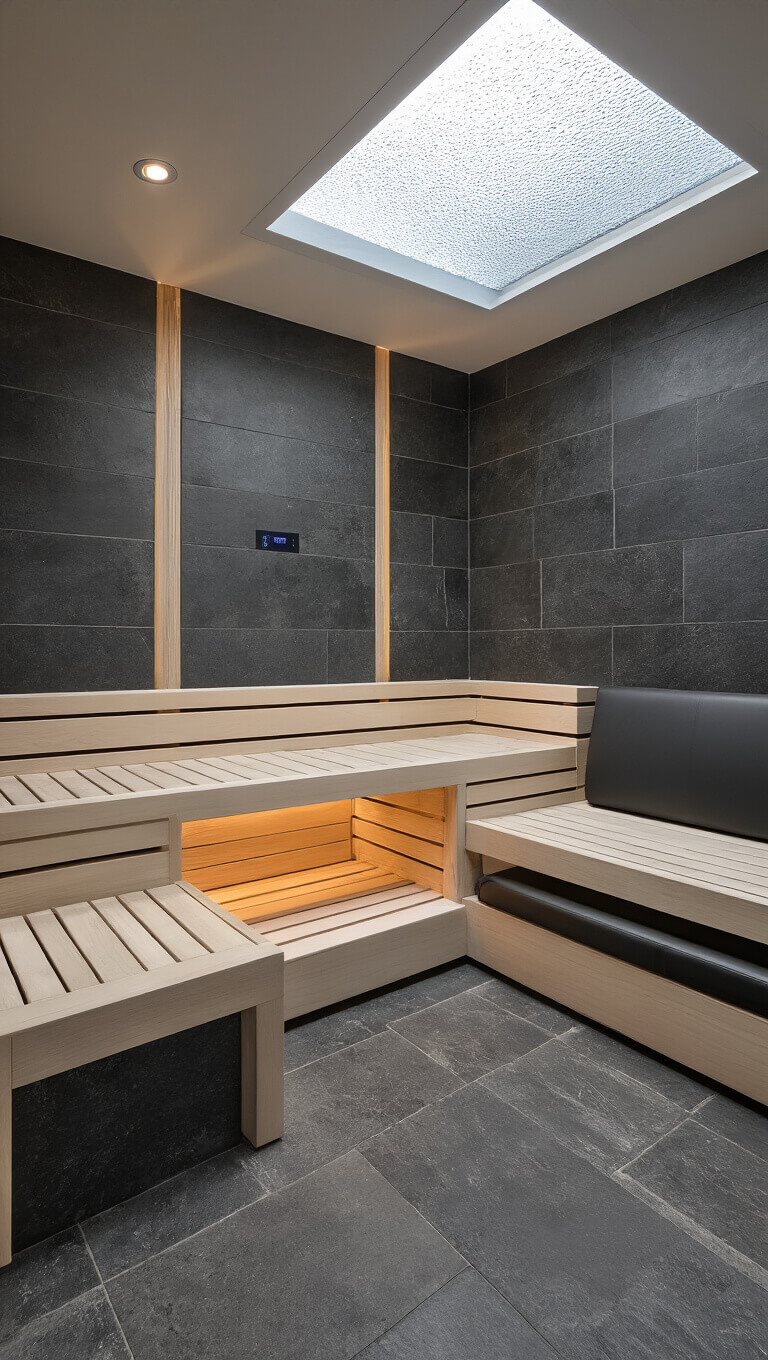 Ultra-modern wellness suite with floating whitewashed aspen benches, black leather cushions, matte black infrared panels, and textured black stone tiles under diffused daylight from a sandblasted glass ceiling.