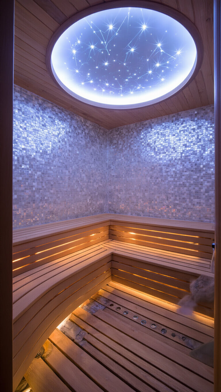 Luxury 9x9 ft hybrid sauna-steam room with teak curved bench, constellation LED ceiling, mother of pearl mosaic wall, and misty spa-like lighting.