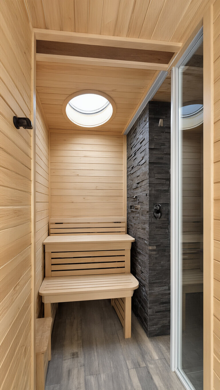 Compact 5x6 ft urban sauna pod with skylight, wraparound hemlock bench, cedar walls, and electric stone heater, viewed through frameless glass door.