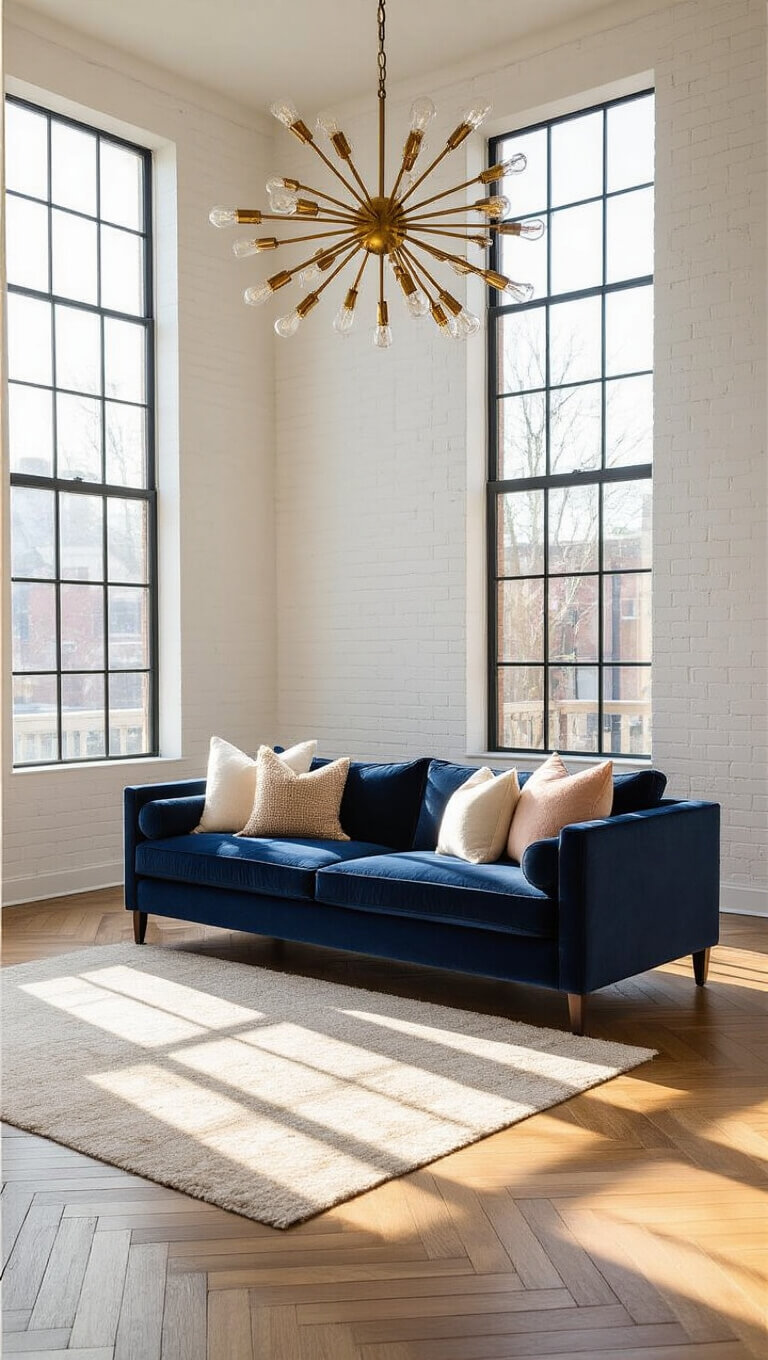 Spacious sunlit living room with navy velvet sofa, herringbone oak floors, and brass chandelier at golden hour.