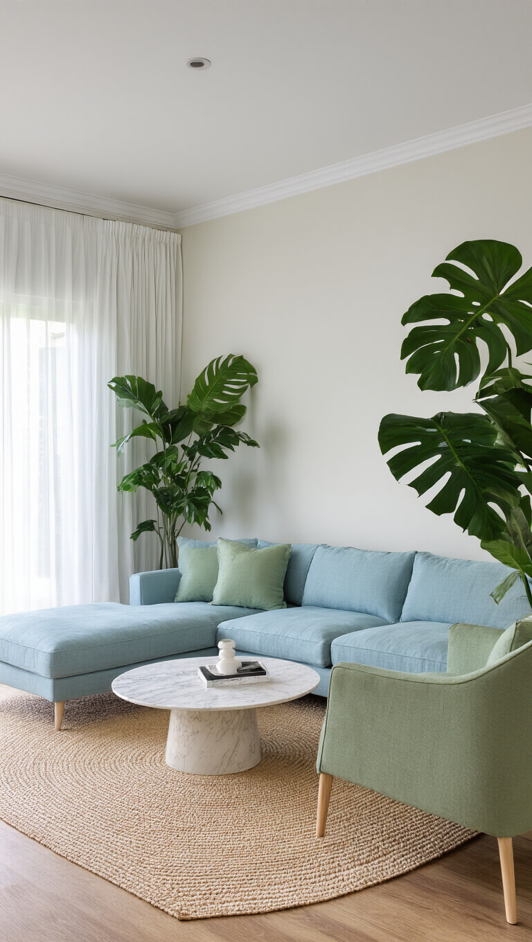 Modern living room with powder blue sectional, round marble coffee table, cream jute rug, sage green chairs, large monstera plant, and sheer white curtains filtering natural light.