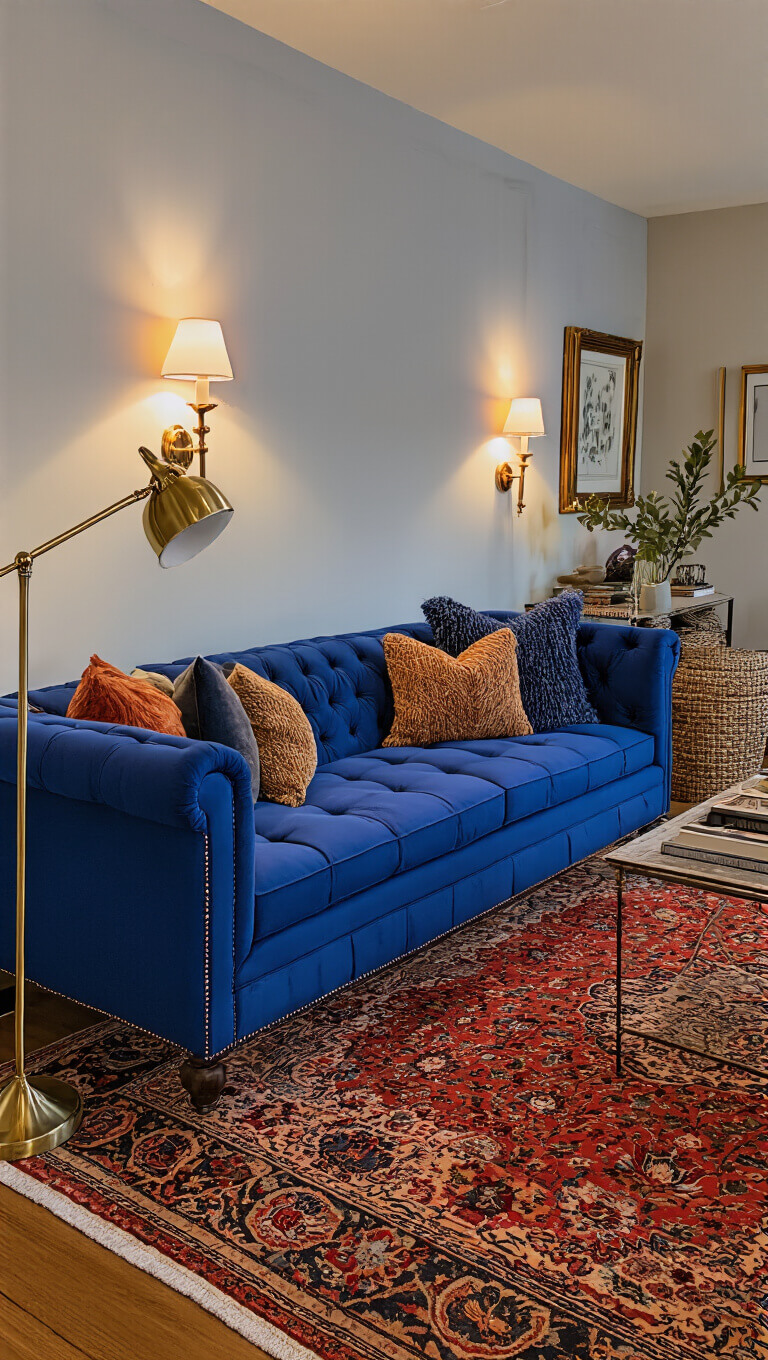 Cozy 12x15ft living room at dusk with a royal blue tufted sofa on a vintage Persian rug, warm ambient lighting, and layered textures including velvet cushions and wool throws.