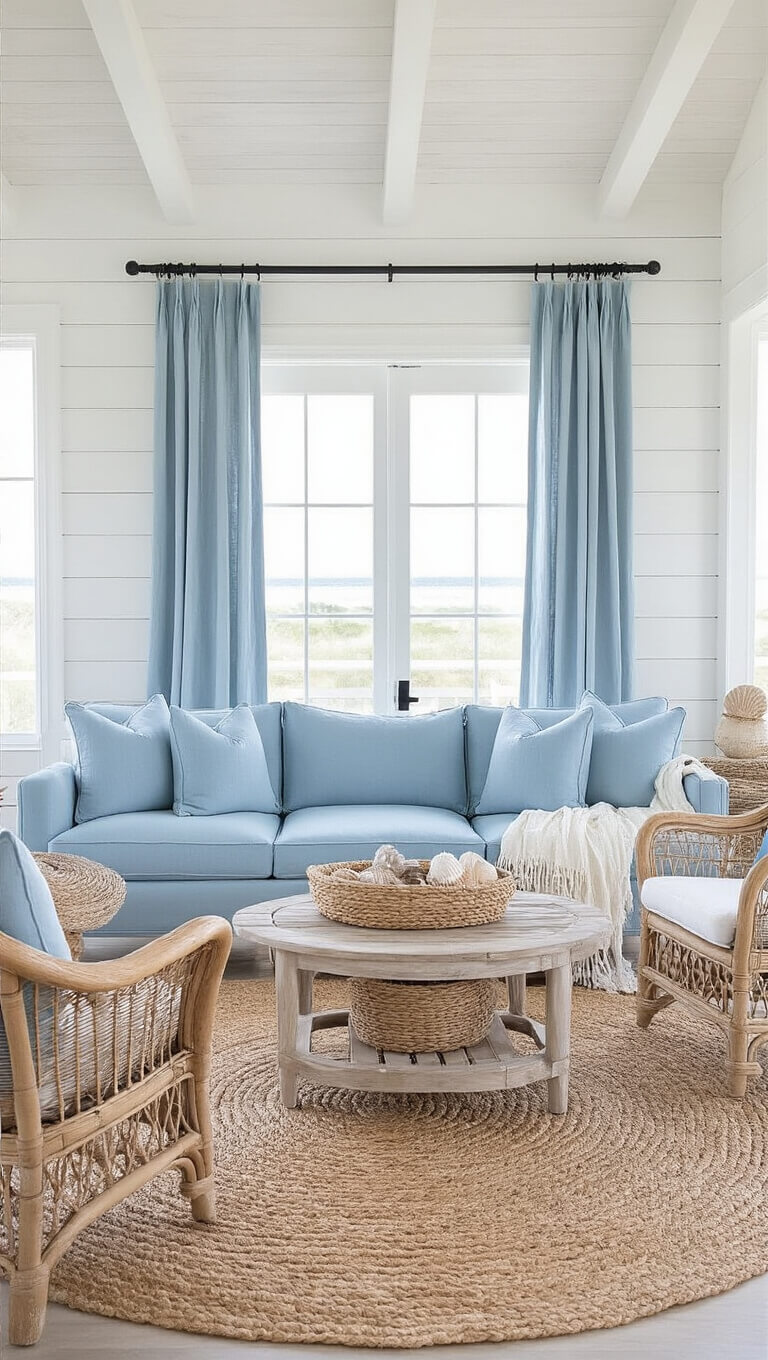 Coastal-themed 18x20ft room with sky blue sofa, whitewashed wood furniture, rattan chairs, seagrass baskets, and shell decor in soft morning light.