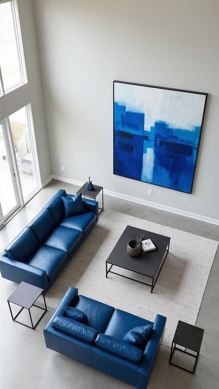 Modern open-concept living room with cobalt blue sofa, abstract artwork, and minimalist furniture on polished concrete floors.