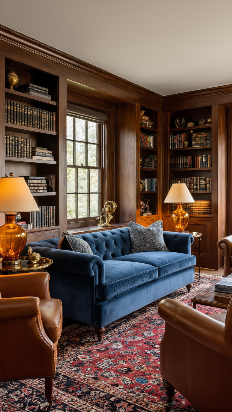 Cozy 14x16ft den with blue velvet loveseat, cognac leather chairs, wooden built-ins, amber lamps, and jewel-toned oriental rug at golden hour.