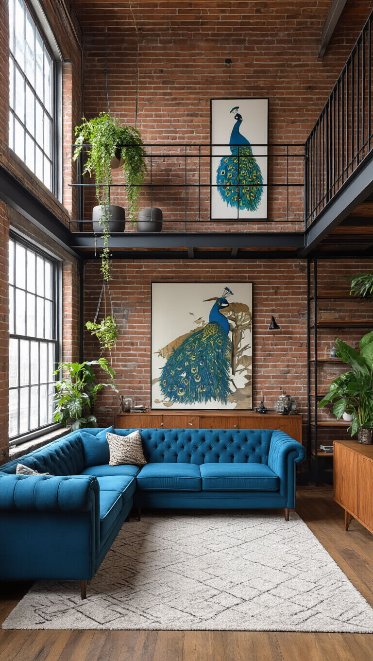 Urban loft with 14ft ceilings, exposed brick, peacock blue tufted sofa, industrial shelving, mid-century walnut accents, oversized art, and hanging plants.