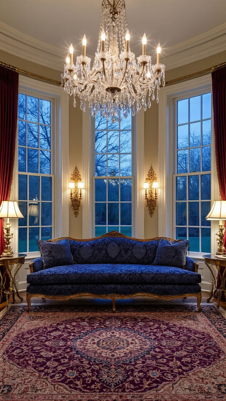 Elegant twilight sitting room with indigo damask sofa, oriental rug, crystal chandelier, brass tables, and silk-draped tall windows.