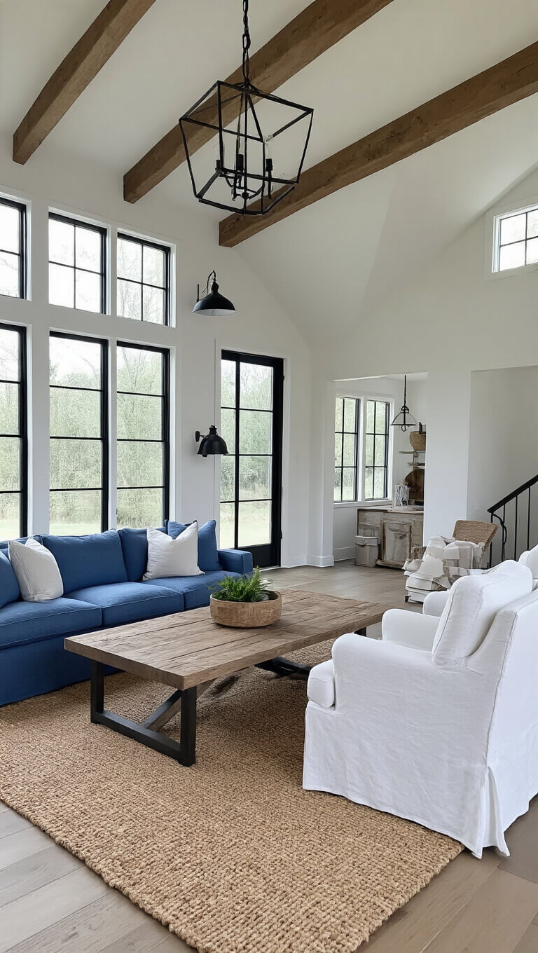 Modern farmhouse great room with vaulted ceiling, French blue linen sofa, reclaimed wood coffee table, white slipcover chairs, natural fiber rug, and black metal accents.