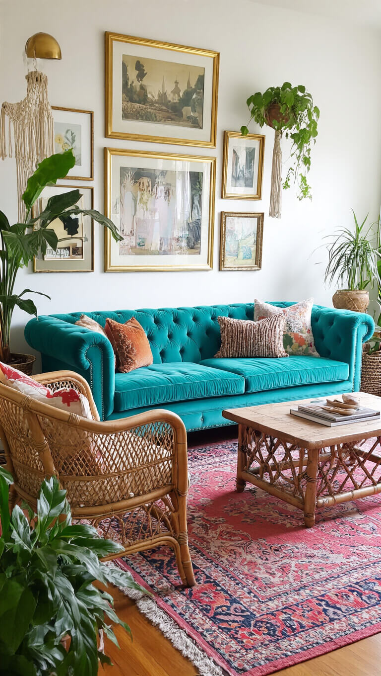 Eclectic 16x18ft living room with turquoise velvet chesterfield sofa, vintage rattan chairs, brass-framed gallery wall, Moroccan rug, and boho accents like plants and macramé in afternoon light.