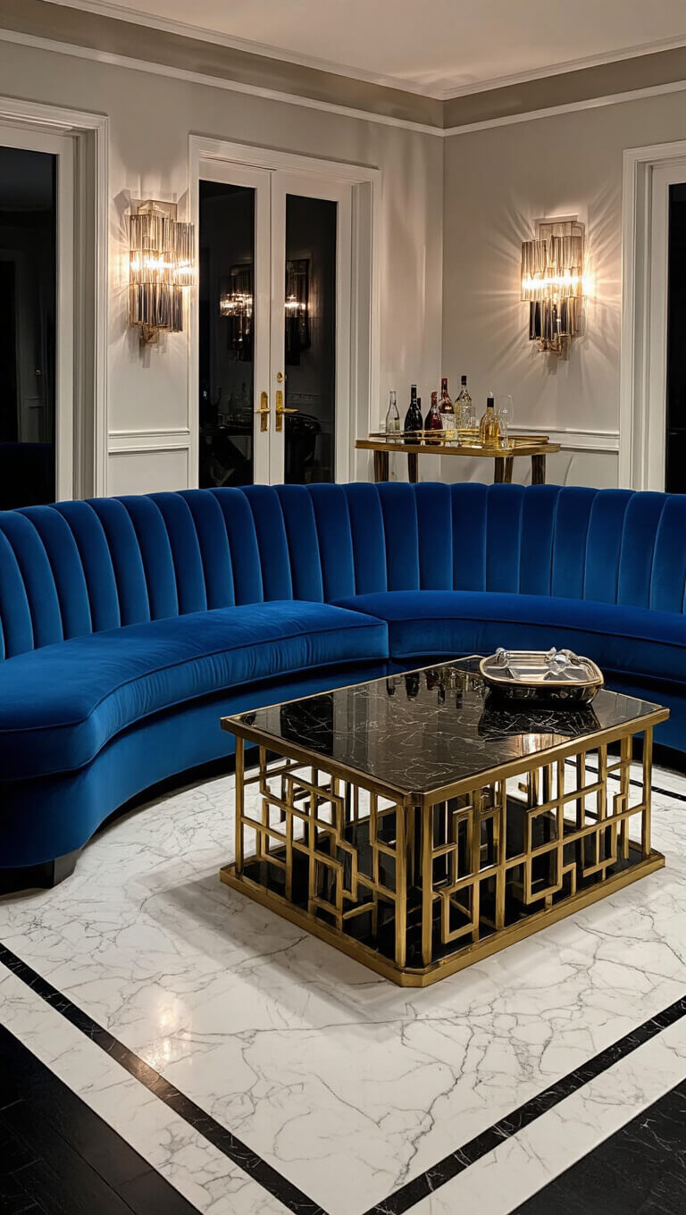 Art deco sitting room at night with sapphire blue tufted sofa, brass and glass coffee table on black and white marble floor, mirror-backed bar cart, and smoky glass sconces in dramatic lighting.