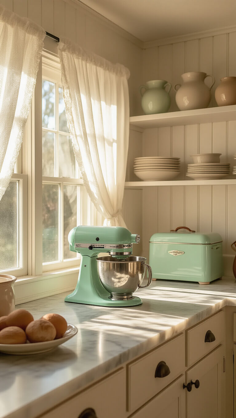 Vintage sunlit kitchen with mint-green mixer on marble counters, pastel pottery on open shelves, and warm oak floors.