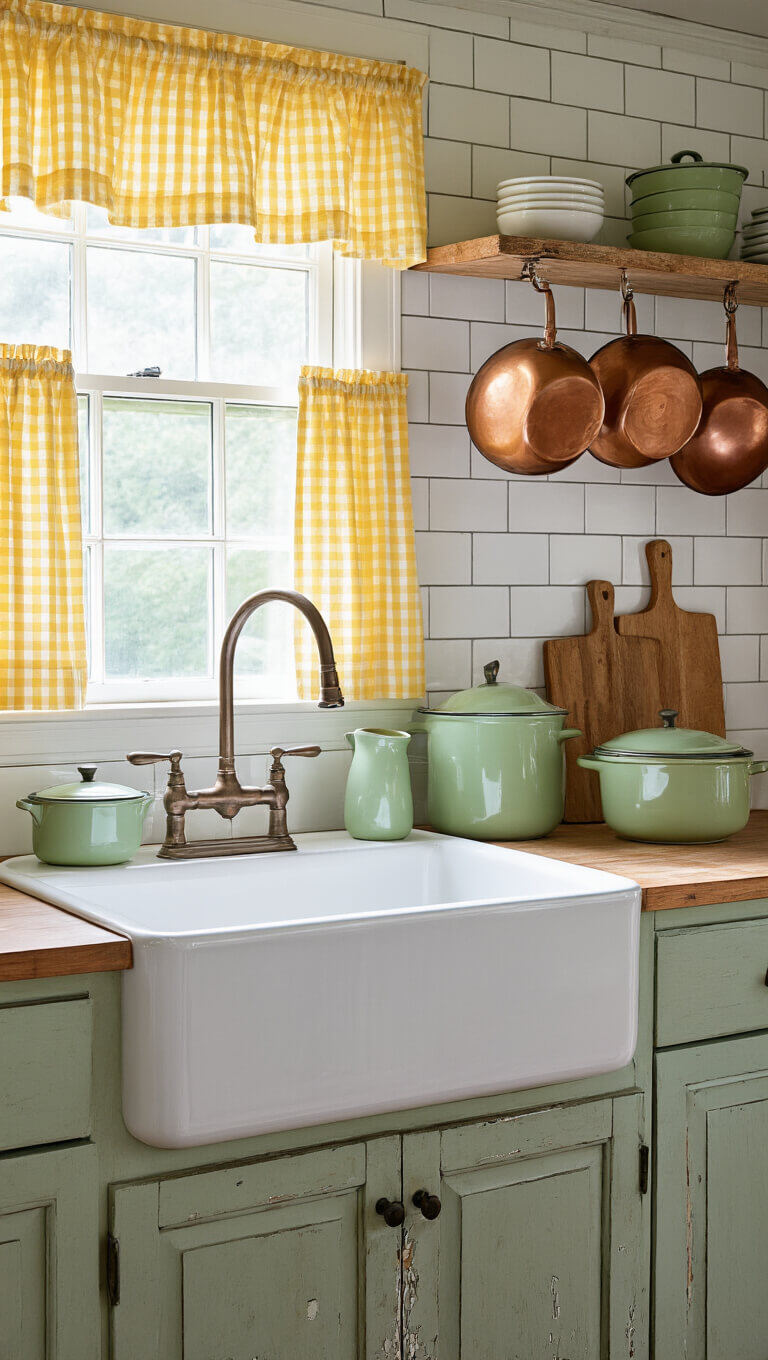 Eye-level view of a cozy farmhouse kitchen with a white sink under yellow gingham curtains, sage green and cream enamelware on open shelves, and copper pots hanging above chippy cabinets and wooden cutting boards.