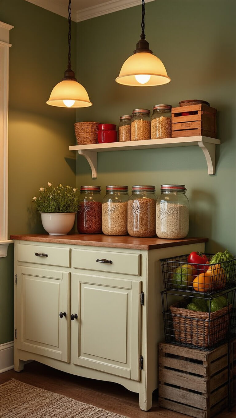 Low-angle view of a cozy dusk-lit kitchen corner with cream 1940s Hoosier cabinet, mason jars, vintage lighting, cherry red accents on sage green walls, and layered textures including wire baskets and antique crates.