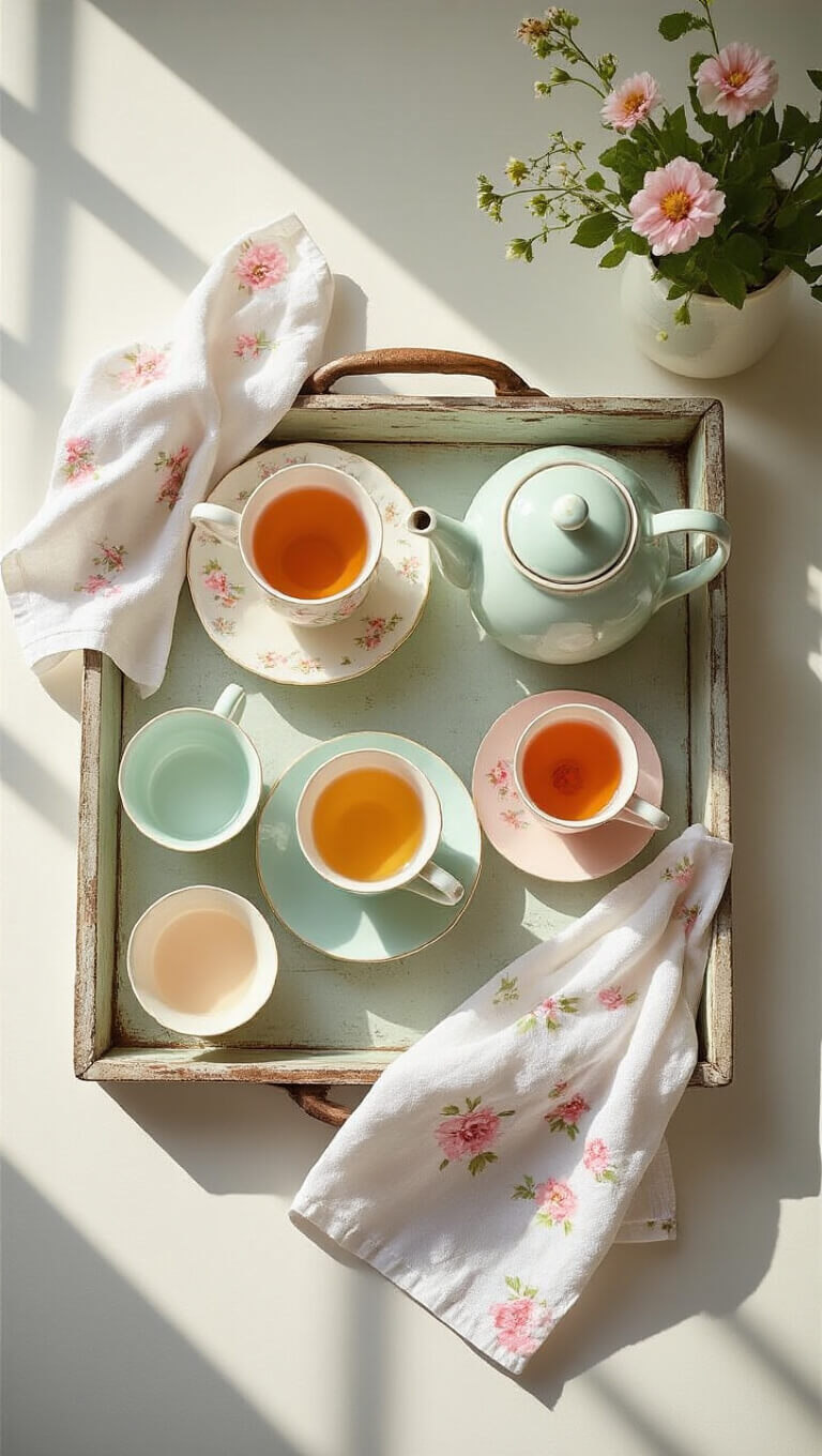 Top-down view of a vintage tea station with ceramic teapots, pastel cups, floral tea towels, and soft natural lighting.