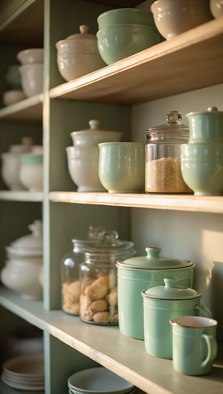Close-up of open shelves at sunset with vintage pastel pottery, glass canisters of baking ingredients, and mint green measuring cups in soft focus.